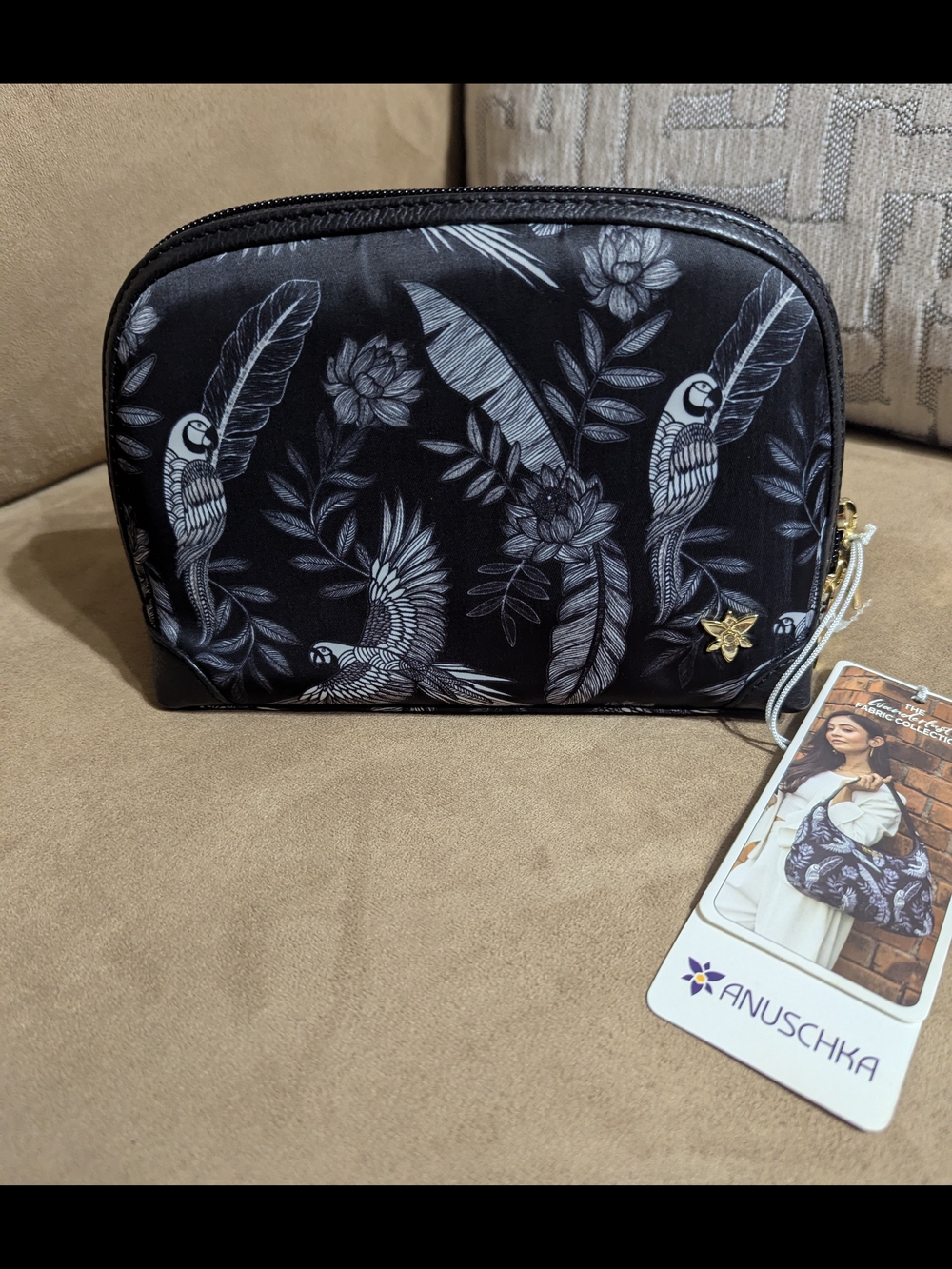 Anuschka Black Floral Parrot Cosmetic Bag